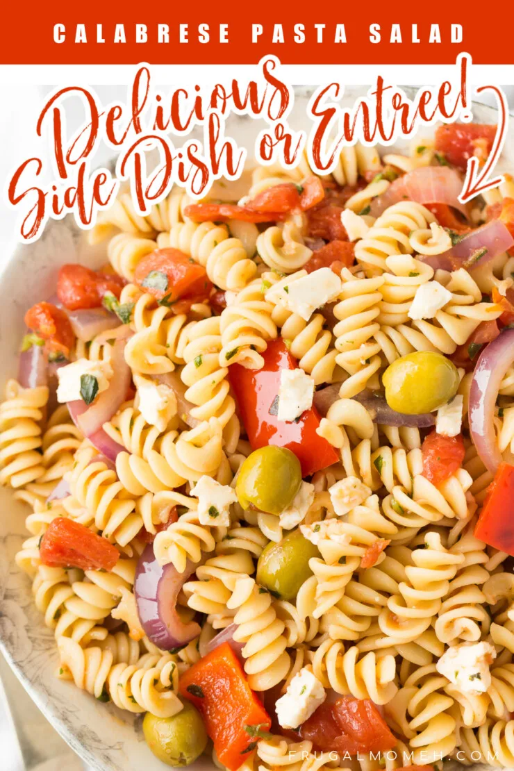 An easy recipe for Calabrese pasta salad! It is a wonderful pasta dish served either warm or cool and it works as both a summer side dish or as a vegetarian entrée.