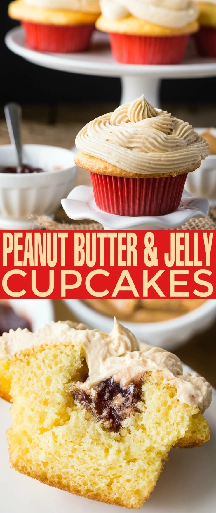 These Peanut Butter & Jelly Cupcakes turn a classic sandwich into an easy to make and very nostalgic cupcake. Perfect for all the pb & j lovers out there!