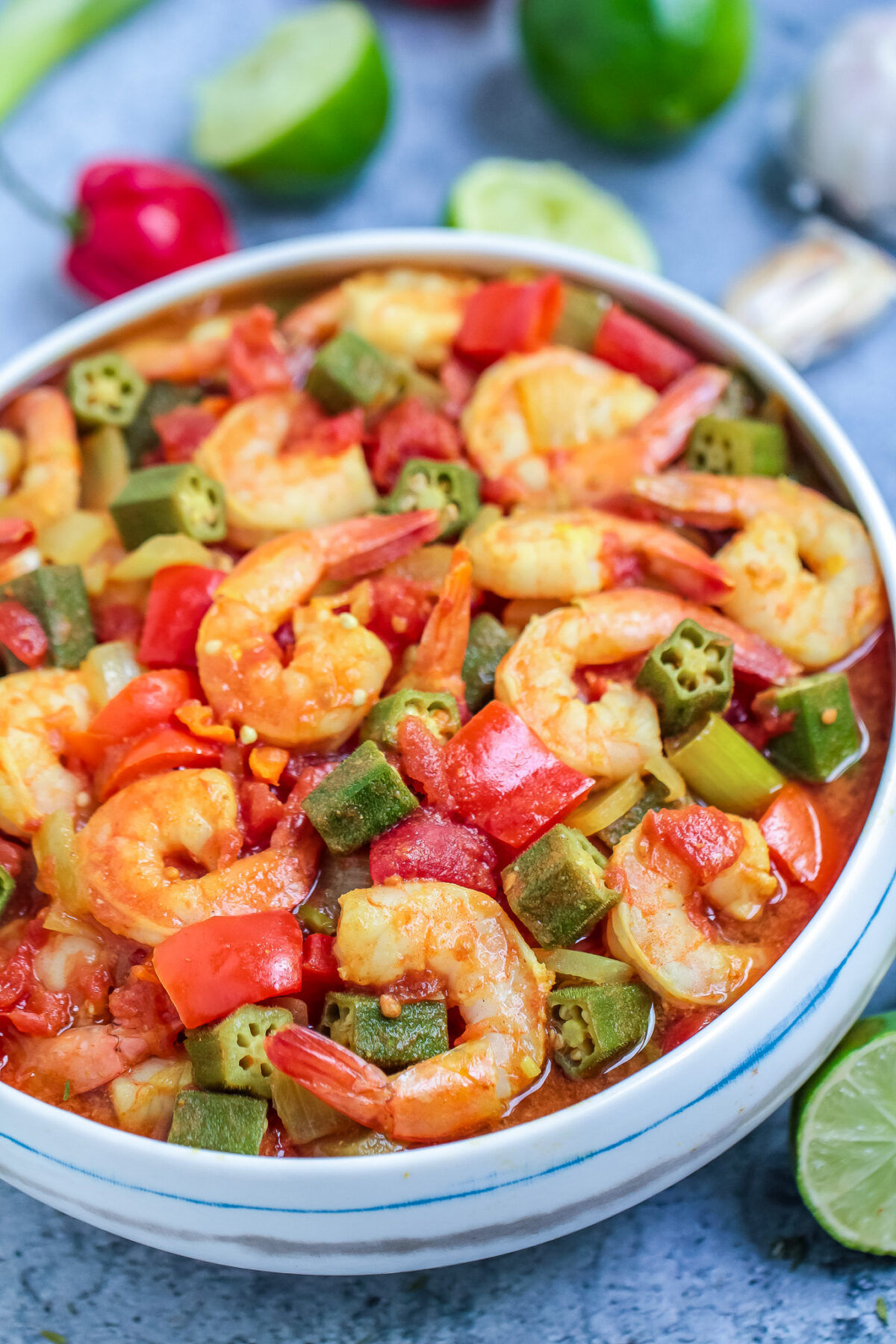 This Caribbean Okra and Shrimp recipe is a simple, spicy, and flavourful stew featuring plump shrimp, crisp okra and scotch bonnet peppers.