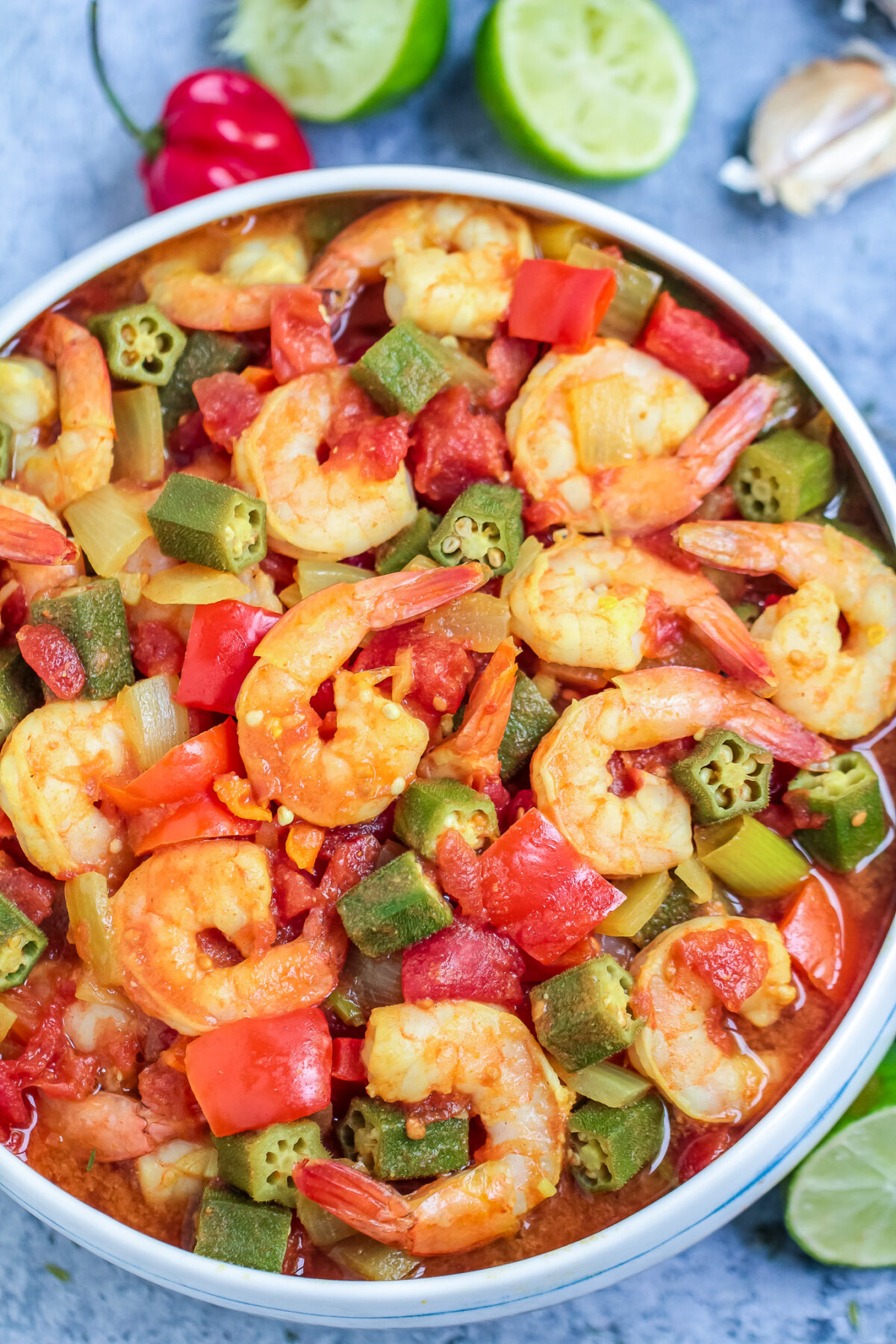 This Caribbean Okra and Shrimp recipe is a simple, spicy, and flavourful stew featuring plump shrimp, crisp okra and scotch bonnet peppers.