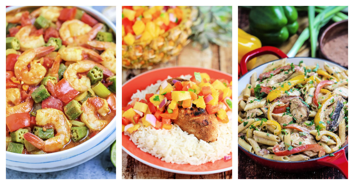 Featured Jamaican-inspired recipes including Caribbean okra and shrimp, Rasta pasta, and jerk chicken with pineapple salsa. 