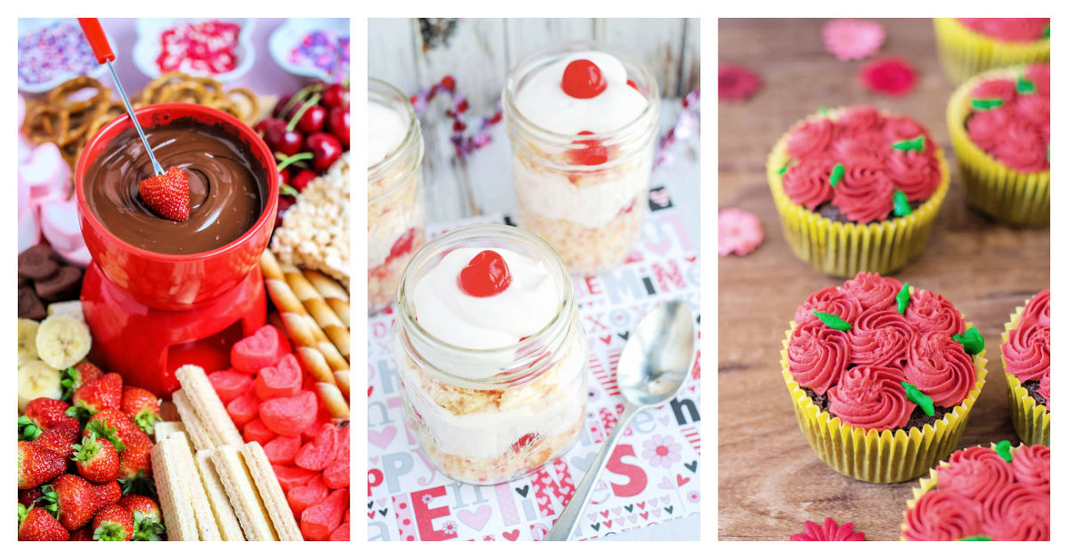 Featured Valentine's Day recipes including Valentine's day chocolate fondue board, cherry vanilla chip parfait, and red rose cupcakes.