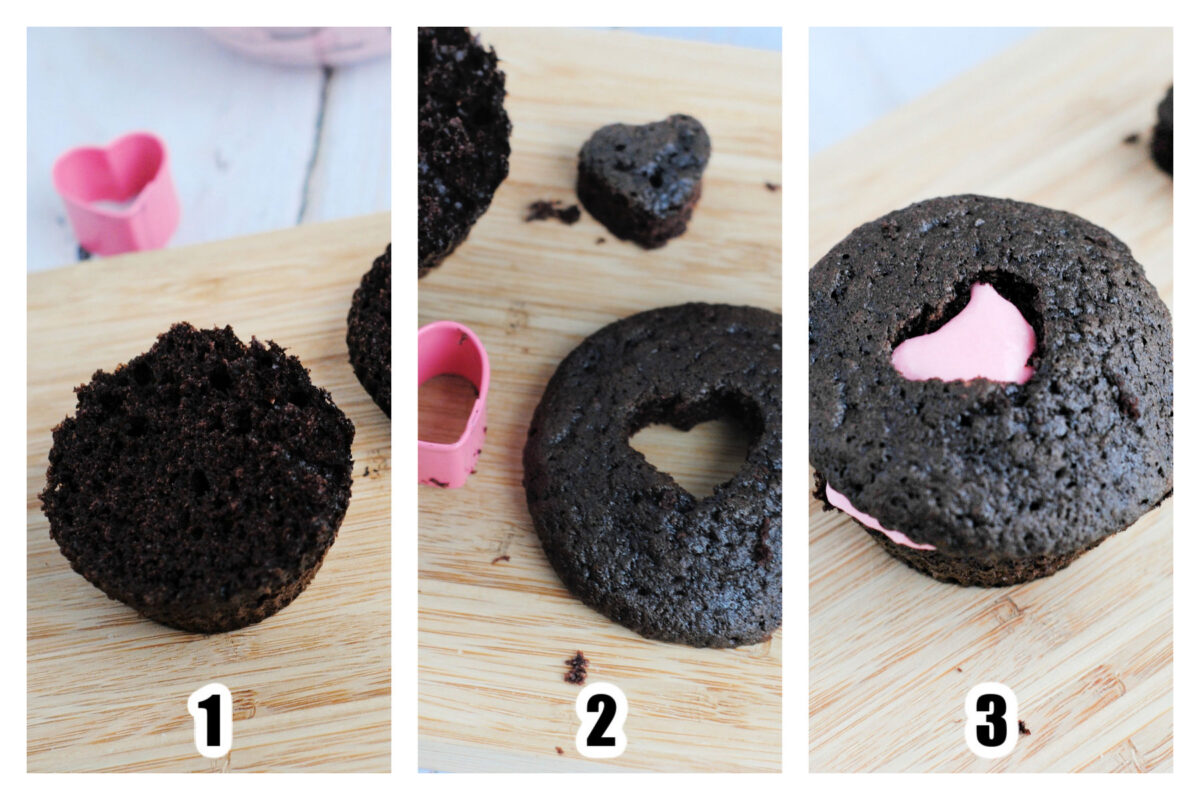 Image 1 showing cupcakes cut in half, a heart cut out from the top of the cupcake, then buttercream scooped on top of the cut cupcake and the top placed back on.