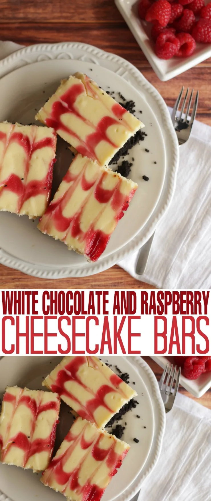 These White Chocolate and Raspberry Cheesecake Bars are a rich dessert made with fresh raspberries!