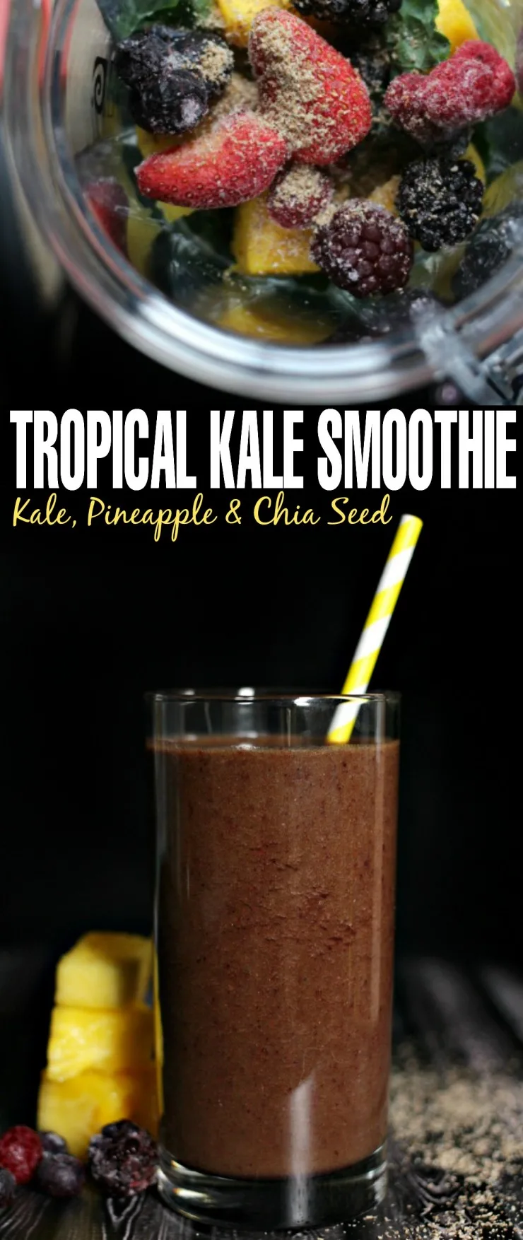 This Kale, Pineapple & Chia Seed Smoothie is a perfect summer beverage for breakfast or just a snack.  It's an amazing tropical kale smoothie without that icky green flavour!