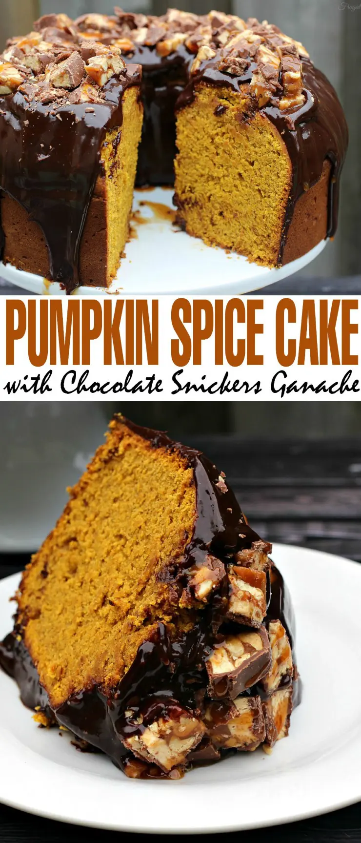 This Pumpkin Spice Cake with Chocolate Snickers Ganache is a decadent Fall Dessert that will have everyone asking you for the recipe!