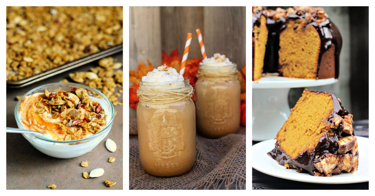 Featured recipes including pumpkin spice granola, pumpkin spice latte, and pumpkin spice cake.