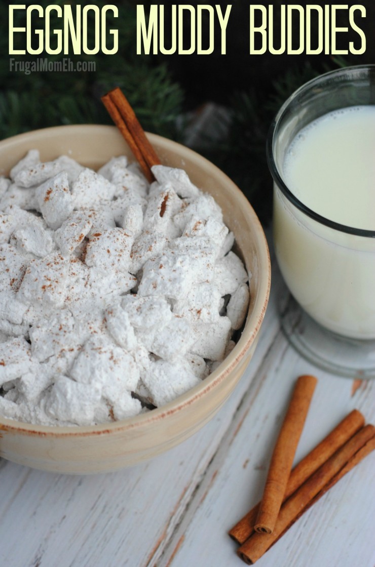 This Eggnog Muddy Buddies recipe is a fun holiday treat full of eggnog flavor! Perfect party food!