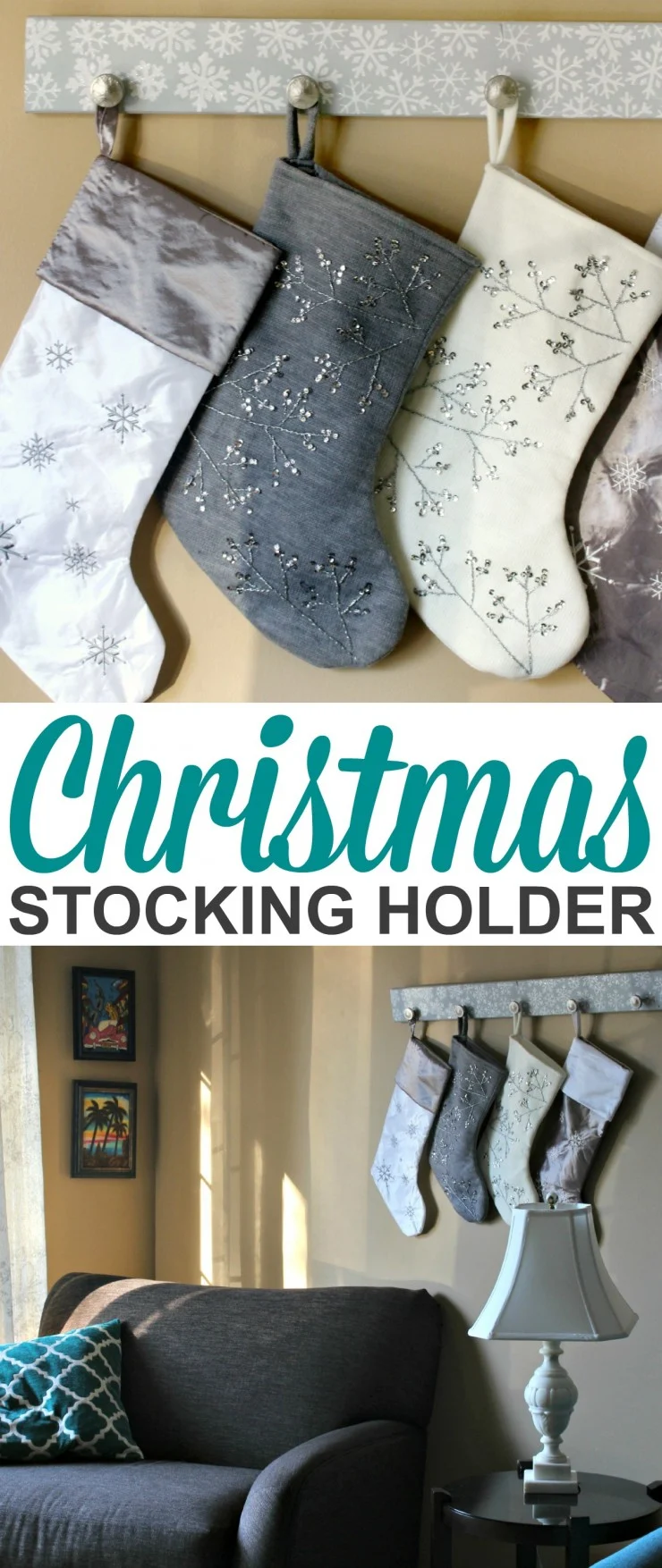 This DIY Christmas Stocking Holder tutorial is an easy holiday decor idea for those without a mantel!