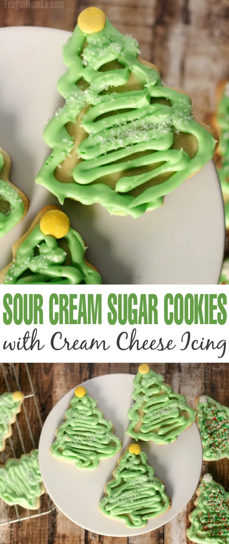 These Sour Cream Sugar Cookies with Cream Cheese Icing are an amazing Christmas dessert idea when paired with Christmas tree cookie cutters.