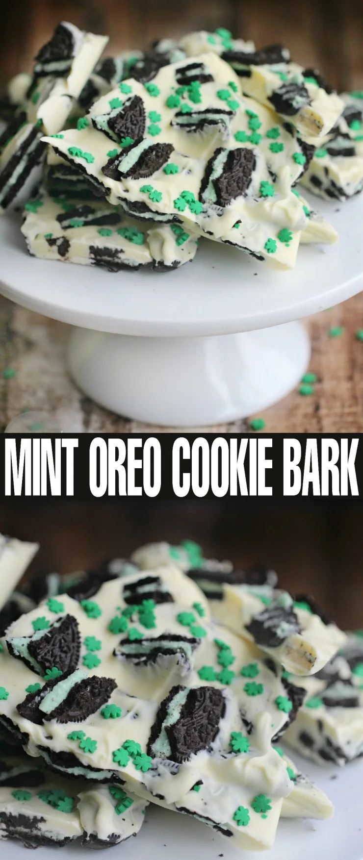 Looking for a fun and easy St. Patrick's Day inspired dessert?  Maybe something no-bake?  Check out this adorable Mint Oreo Cookie Bark made with crumbled cool mint Oreo's and white chocolate sprinkled over with cute little shamrocks. 
