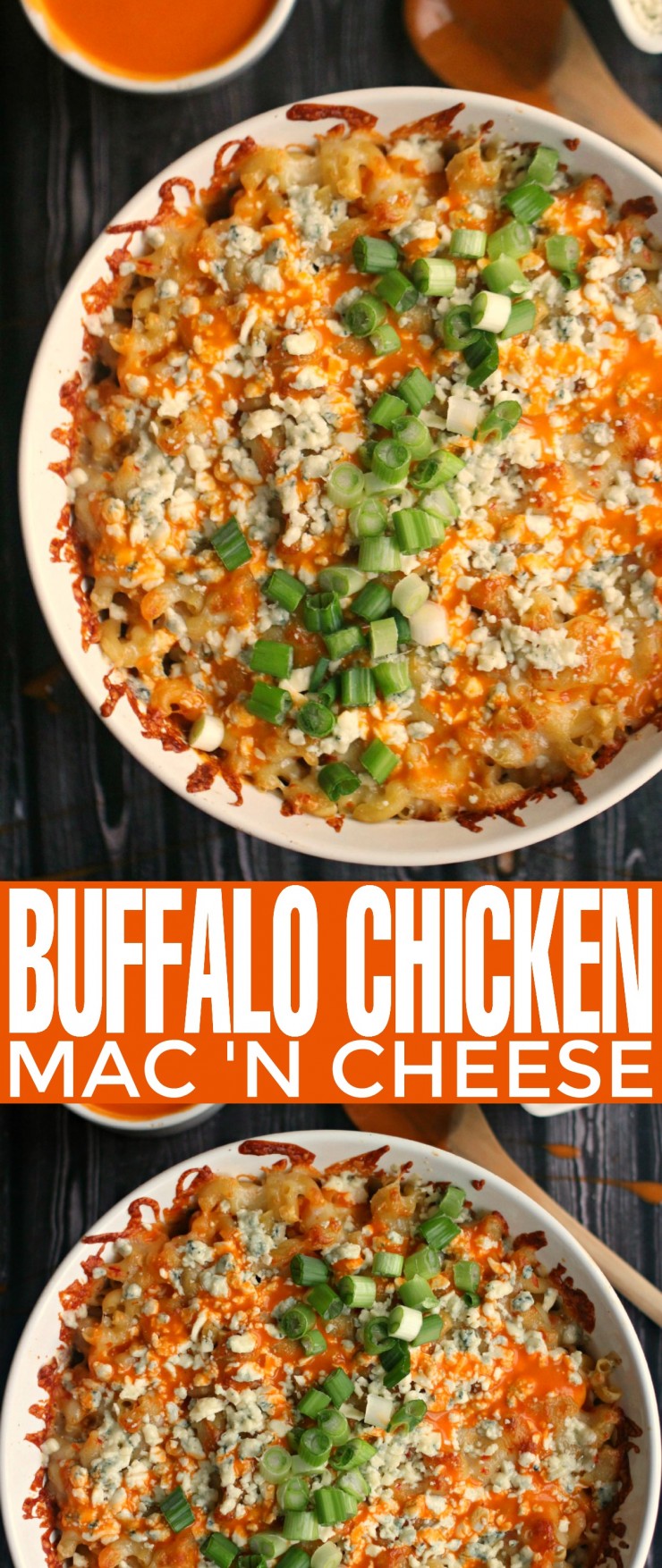 This incredible recipe for Buffalo Chicken Mac 'n Cheese is a gourmet macaroni and cheese filled with 3 different types of artisan cheese!