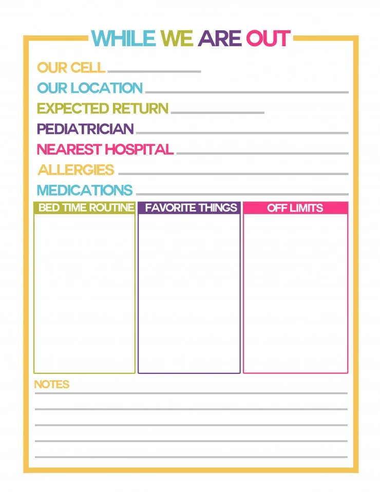While We Are Out Free Printable to leave for your teen babysitter so they are prepared for emergencies while babysitting your children!