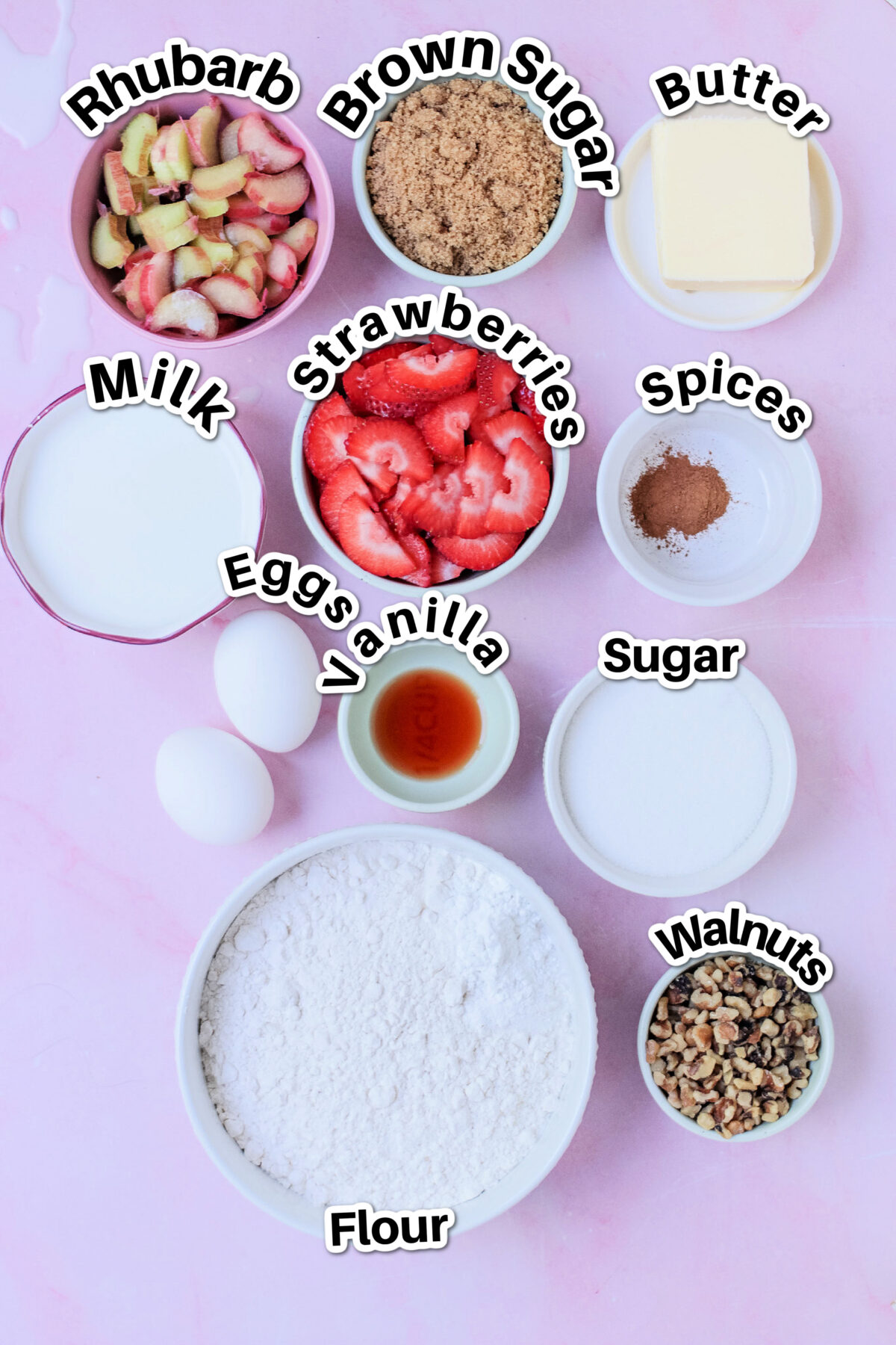 Ingredients for strawberry rhubarb coffee cake.