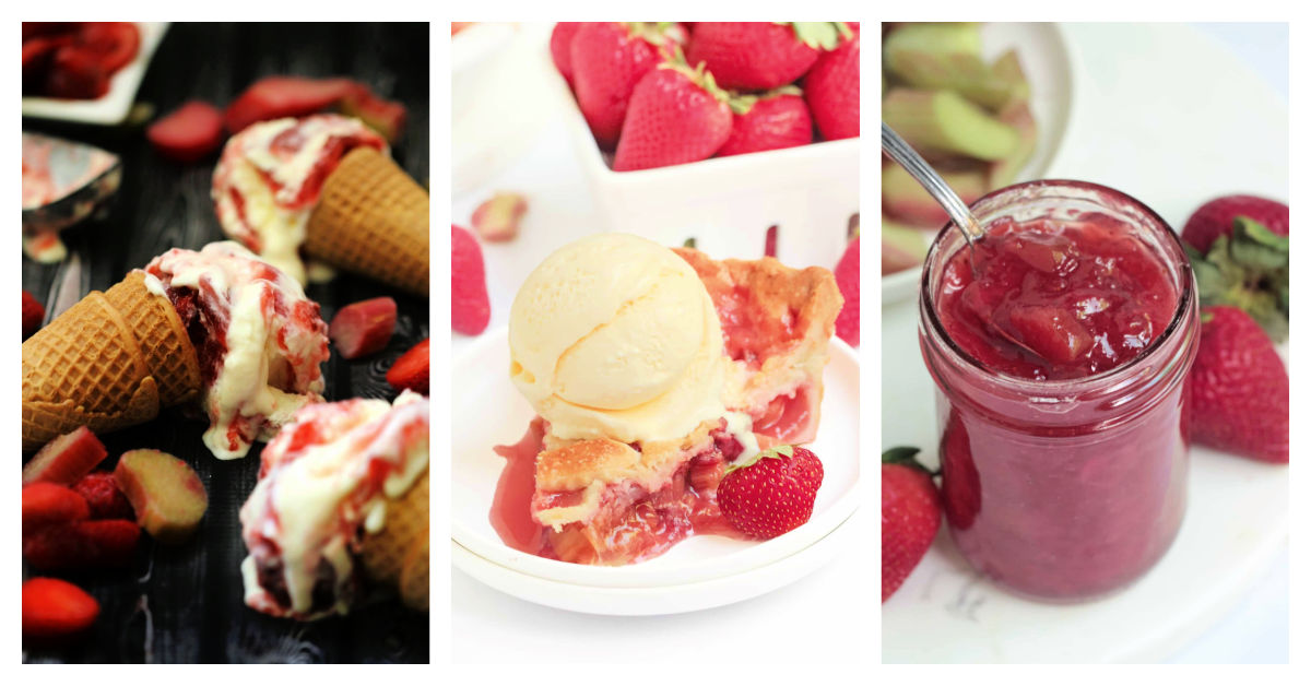 Featured strawberry and rhubarb recipes including strawberry rhubarb jam, pie, and ice cream.