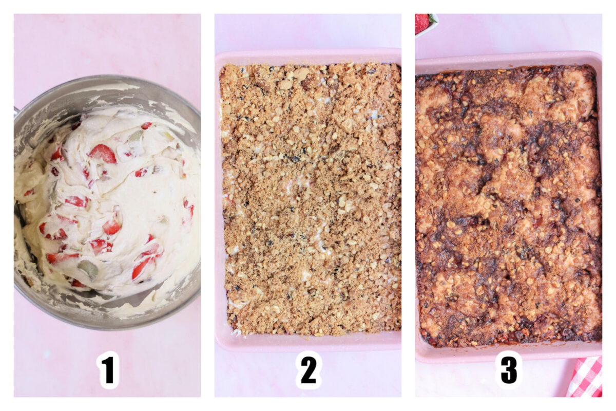 Image 1 - Batter with strawberry mixed in the bowl of a stand mixer. Image 2 - batter poured into a 9x13 pan and sprinkled over with the topping, then image 3 - baked cake.