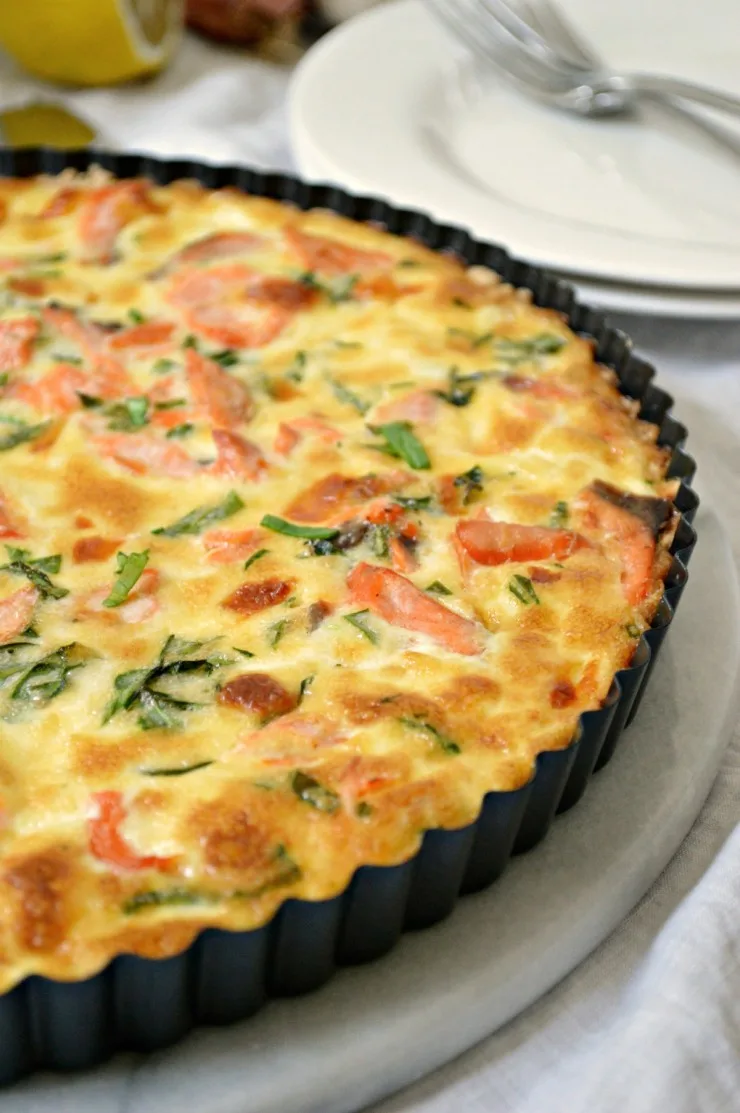 Use leftover salmon to create an entire meal with this Salmon Quiche Recipe! It's perfect for dinner or lunch and it is a fab addition to family brunch!