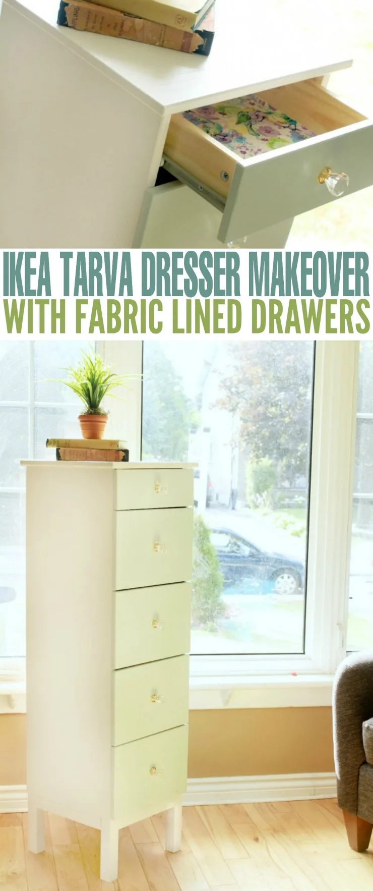 This Ikea Tarva Dresser Makeover with Fabric Lined Drawers is a fairly easy DIY furniture makeover project that results in a gorgeous one of a kind piece!
