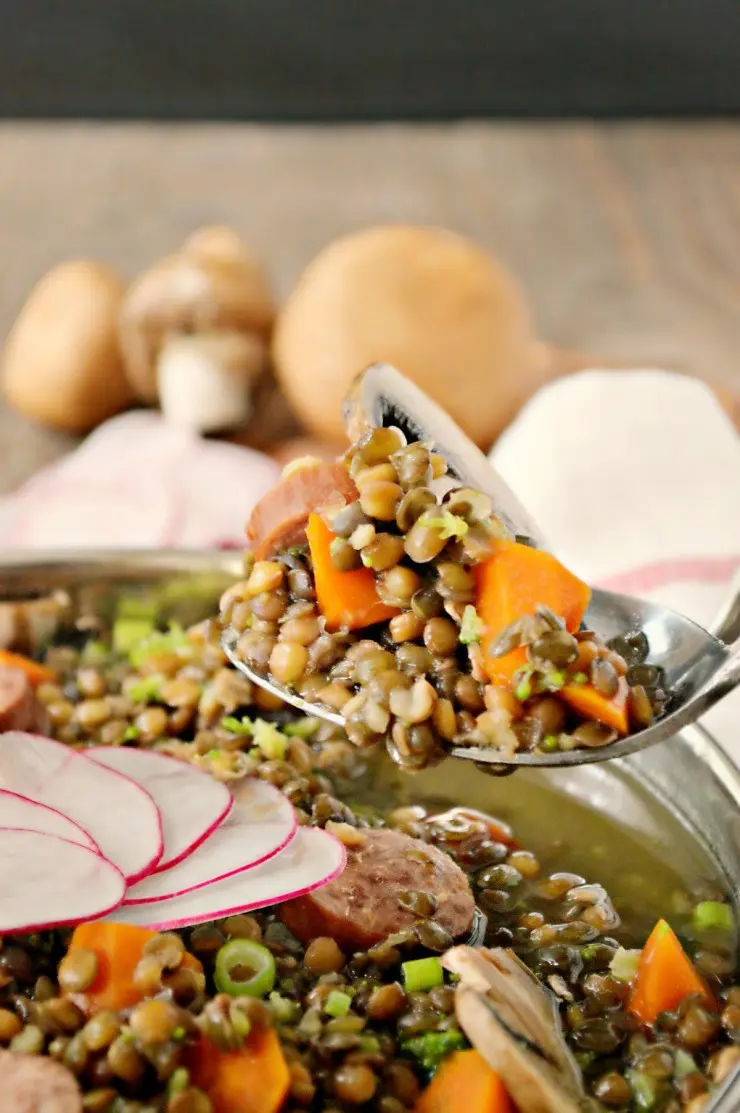 This French Lentil Stew with Sausage is a quick, easy and filling family dinner recipe.