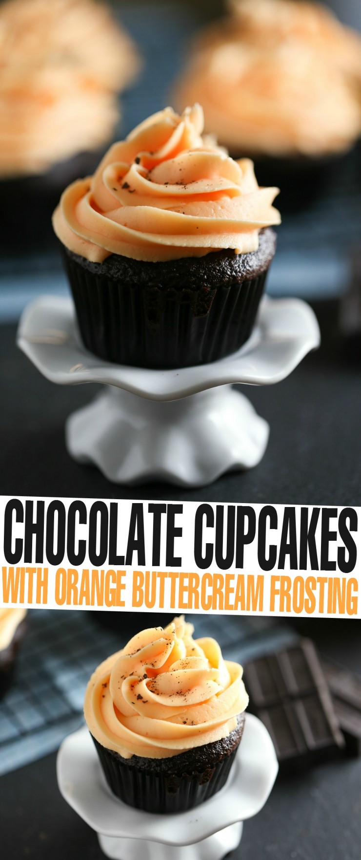 Moist and flavourful Chocolate Cupcakes topped with bright Orange Buttercream Frosting.