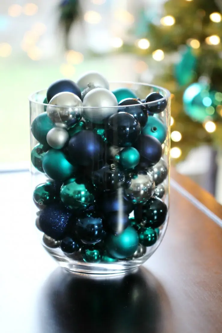 Arctic Teal Christmas Decoration Ideas - Bullet Vase Tabletop Decor filled with Teal, Blue and Silver Ornaments