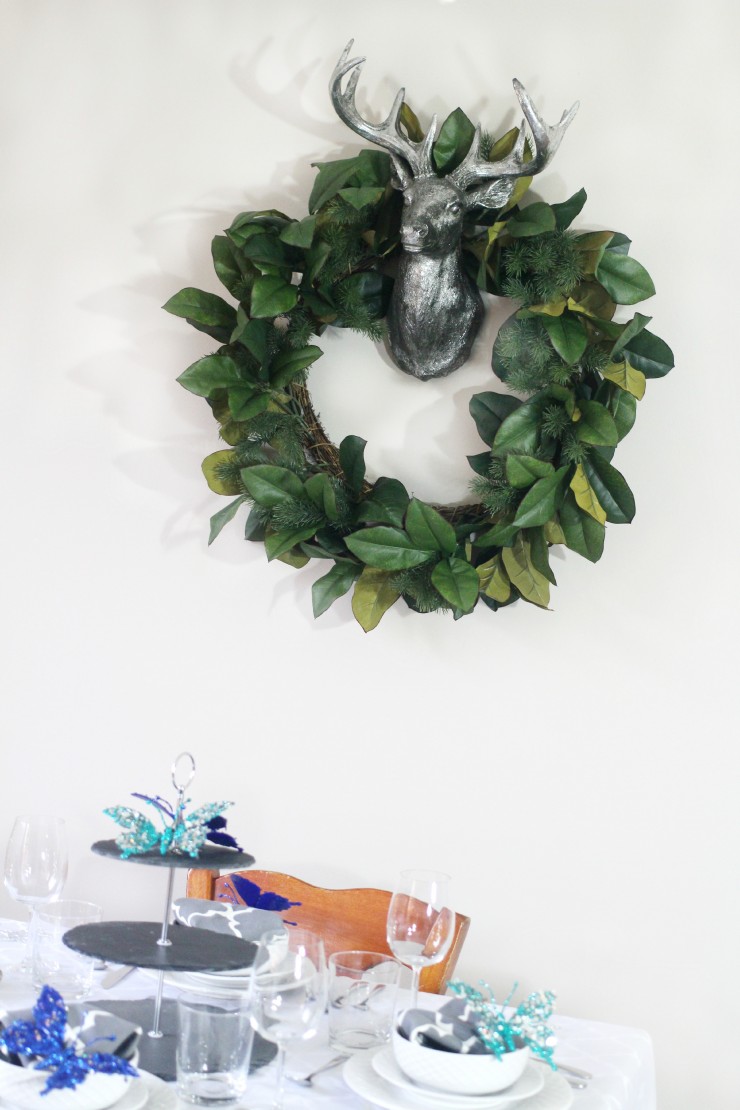 Arctic Teal Christmas Decoration Ideas - Silver Deer Head & Ivy and Pine Wreath