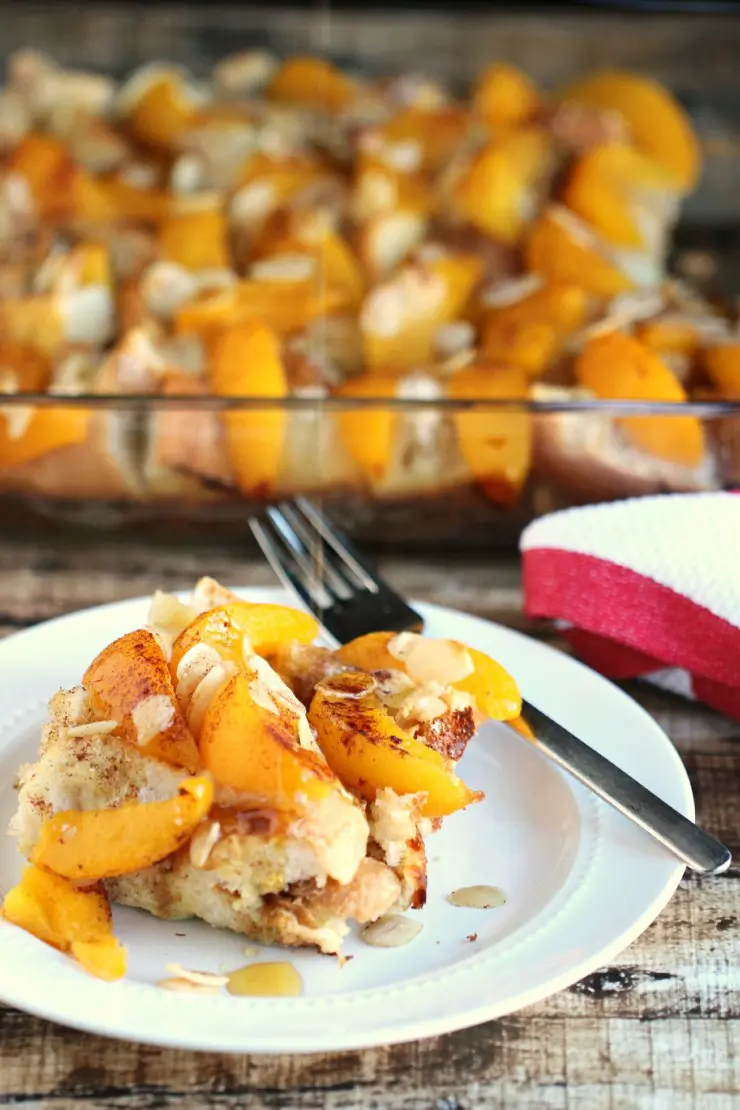This Peach French Toast Bake with Almonds is an easy breakfast bake you might know as a wife saver breakfast - perfect for Christmas morning brunch!