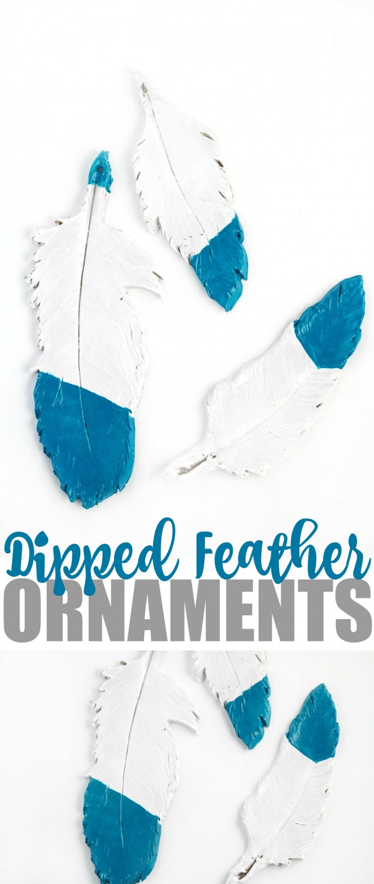 These Teal Dipped Feather Ornaments use oven-bake clay and paint to create realistic looking feathers to hang from your Christmas tree. These homemade ornaments are super easy to make!
