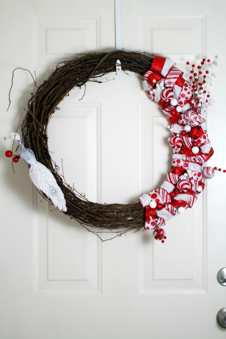 This Red and White Ribbon and Ornament Christmas Wreath is a great diy wreath project anyone can tackle!