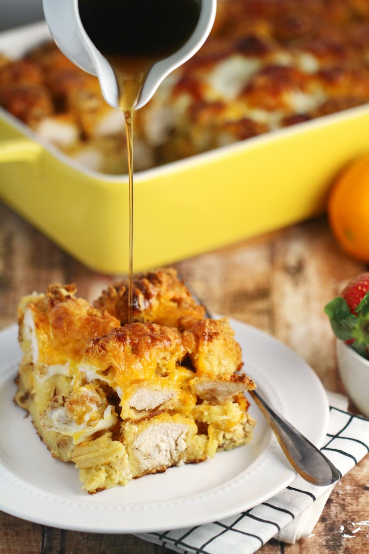This Chicken and Waffles Casserole features hand breaded, oven fried chicken and waffles layered together and baked for an amazing breakfast recipe your whole family will love!