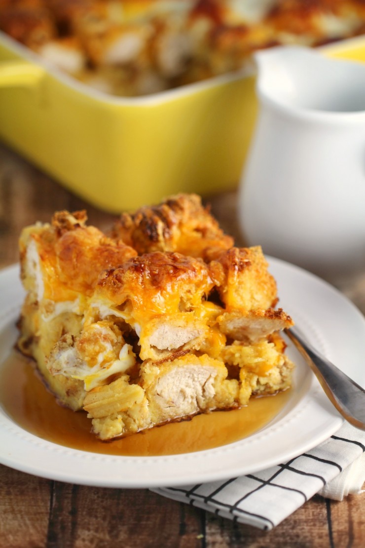This Chicken and Waffles Casserole features hand breaded, oven fried chicken and waffles layered together and baked for an amazing breakfast recipe your whole family will love!