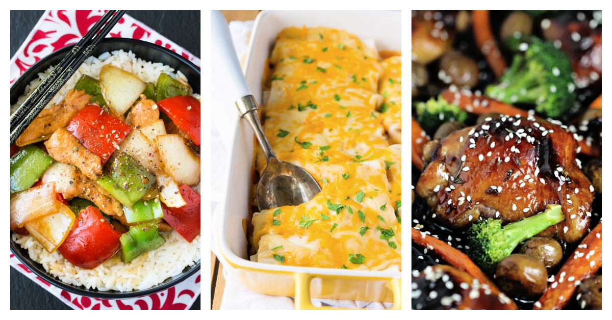 Featured chicken dinners including black pepper chicken, chicken tortilla bake, and honey garlic sheet pan chicken.