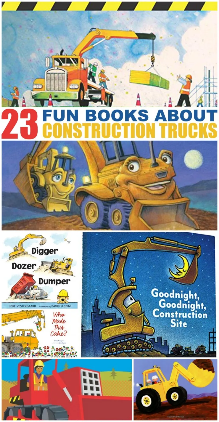 A great list of 23 books featuring Construction Trucks for kids ages 4-7 years old - these are books for boys and girls to enjoy at reading time!