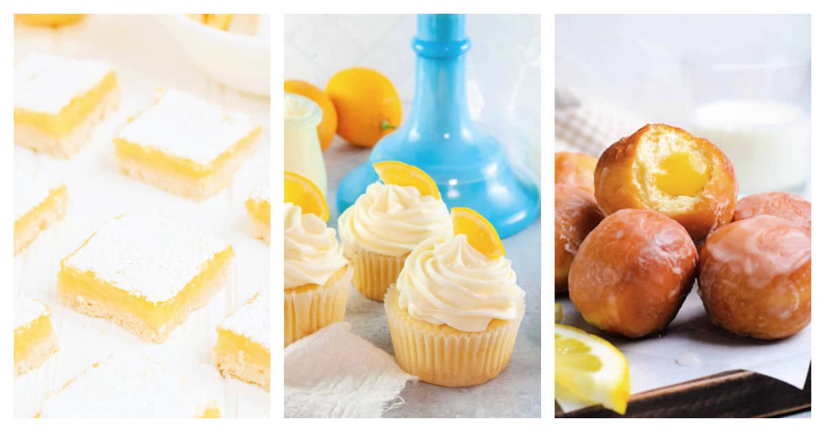 Featured lemon recipes including lemon bars, lemon cupcakes, and lemon curd donut holes.