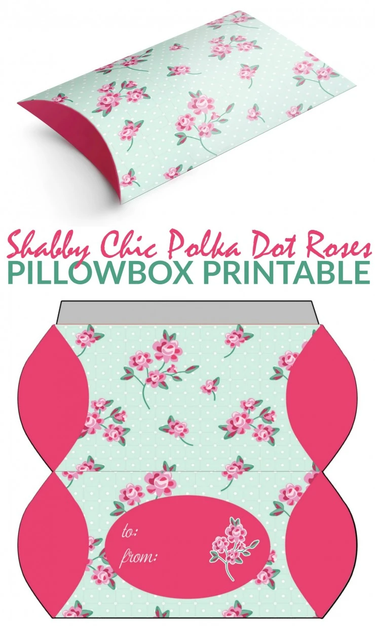 This Free Printable Shabby Chic Polka Dot Roses Pillowbox Template is a pretty way to wrap up small gifts and gift cards.
