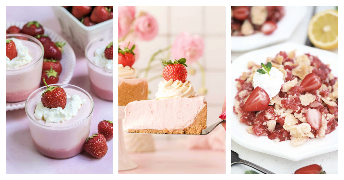 Featured easy strawberry desserts including strawberry mousse, no bake strawberry cheesecake, and strawberry dump cake.