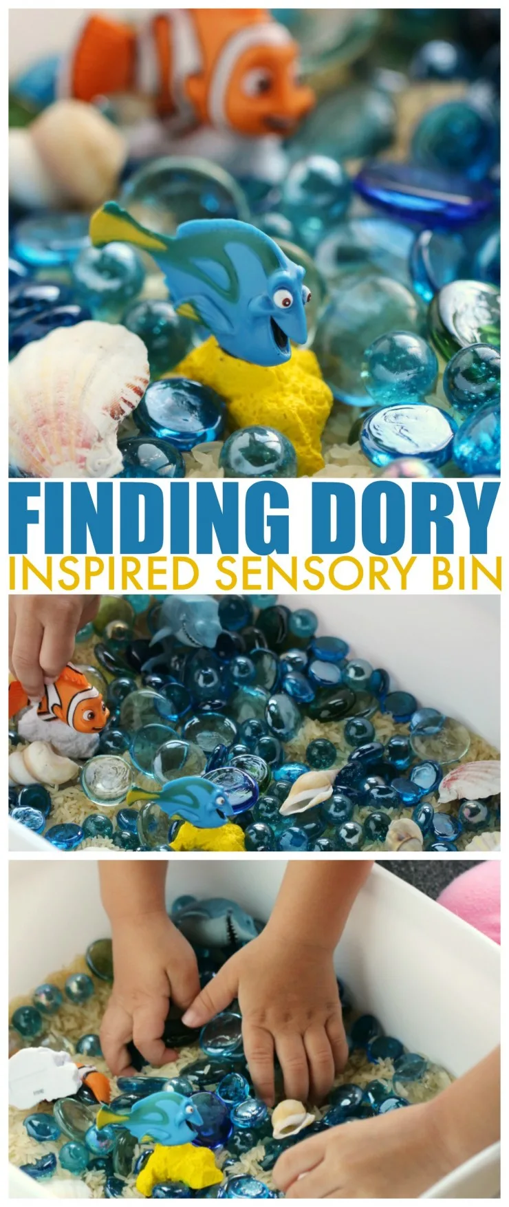 This Finding Dory Inspired Sensory Bin is the perfect kids activity for engaging little Finding Nemo fans this summer. Let your kids explore the ocean habitat with a little imaginative play.