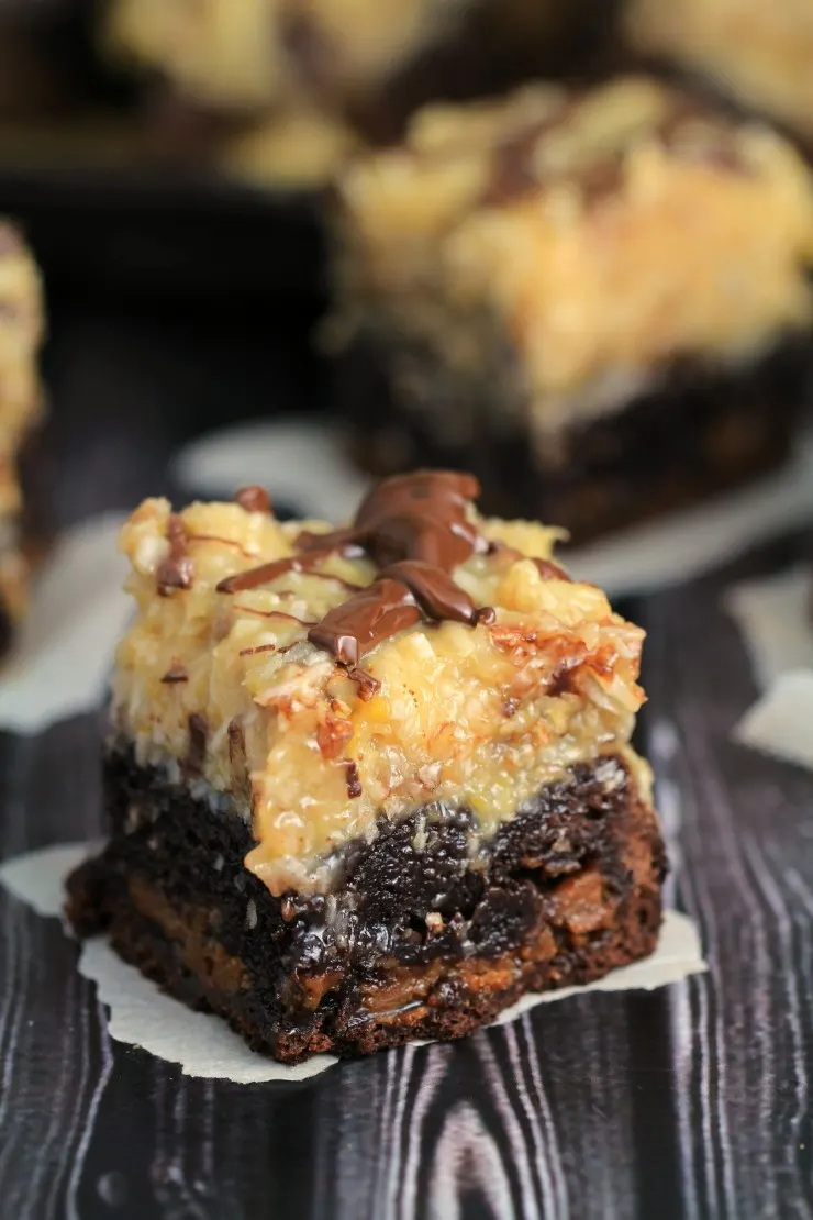 These Caramel Stuffed German Chocolate Brownies are a decadent dessert inspired by German Chocolate Cake with a surprise twist that sets them apart from any other brownie you have ever baked before!