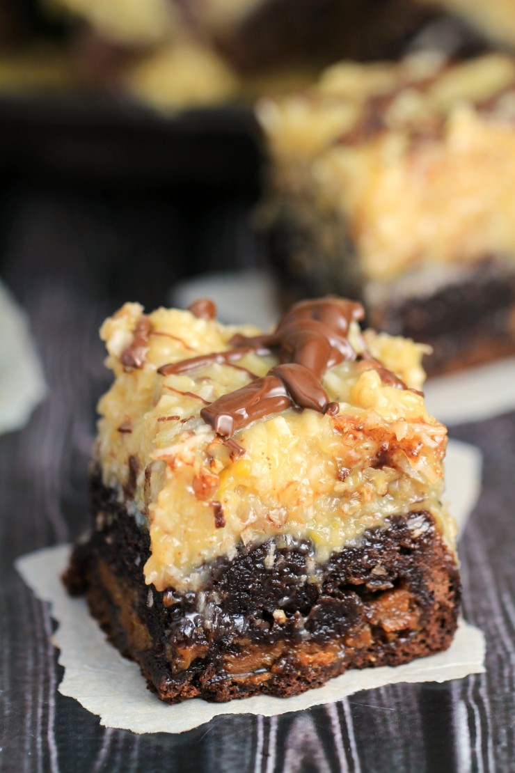 These Caramel Stuffed German Chocolate Brownies are a decadent dessert inspired by German Chocolate Cake with a surprise twist that sets them apart from any other brownie you have ever baked before!