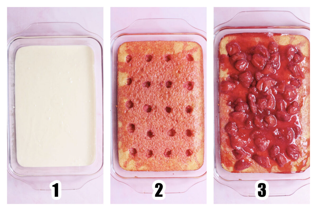 Image 1 showing prepared batter poured into a 13x9 pan. Image 2 showing baked cake with holes poked into it. Image 3 showing strawberry sauce poured over the cake.