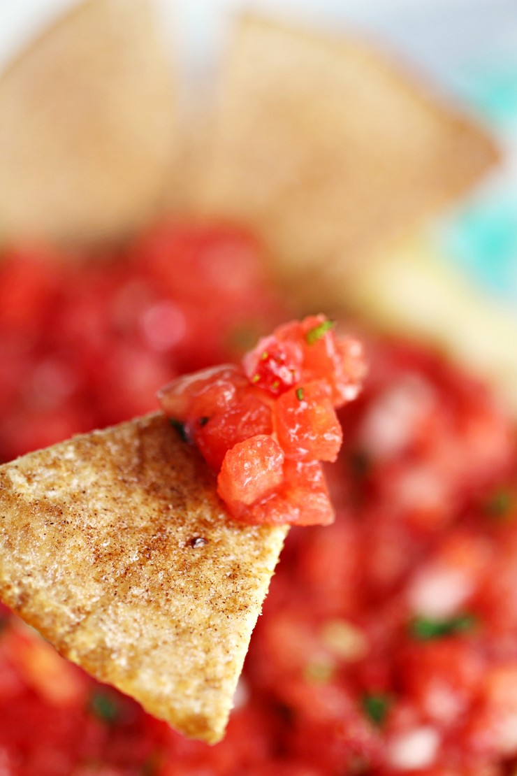 Watermelon Salsa with Cinnamon Tortilla Chips is a refreshing summer dessert or appetizer, perfect for serving at backyard parties. Packed with juicy watermelon, this salsa is a quick and easy summer appetizer the whole family will love!