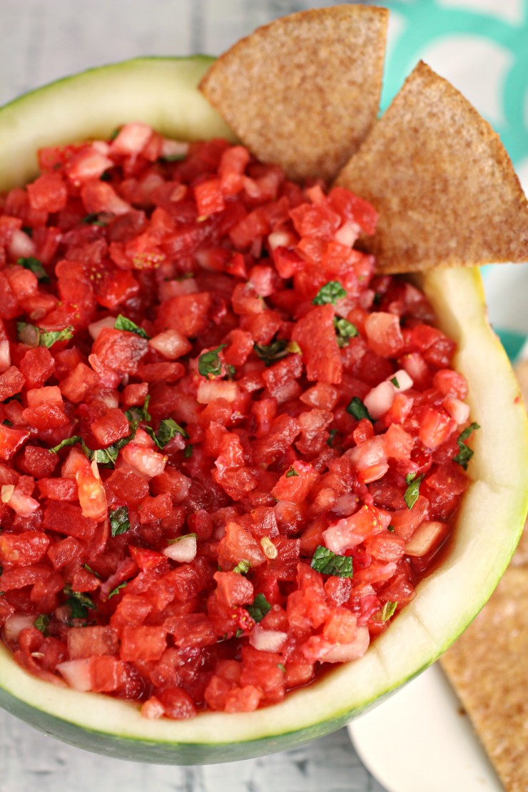 Watermelon Salsa with Cinnamon Tortilla Chips is a refreshing summer dessert or appetizer, perfect for serving at backyard parties. Packed with juicy watermelon, this salsa is a quick and easy summer appetizer the whole family will love!