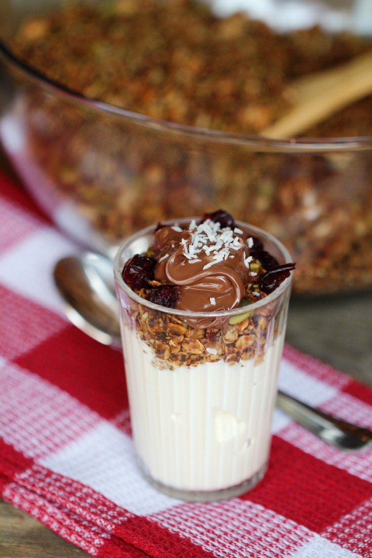 This parfait combines a homemade granola made with oats, pumokin seeds, wheat germ and warming spices combined with greek yogurt, nutella and cranberries. It's a delicious and healthy autumn breakfast that you can savour with your morning coffee or grab and eat on the go.