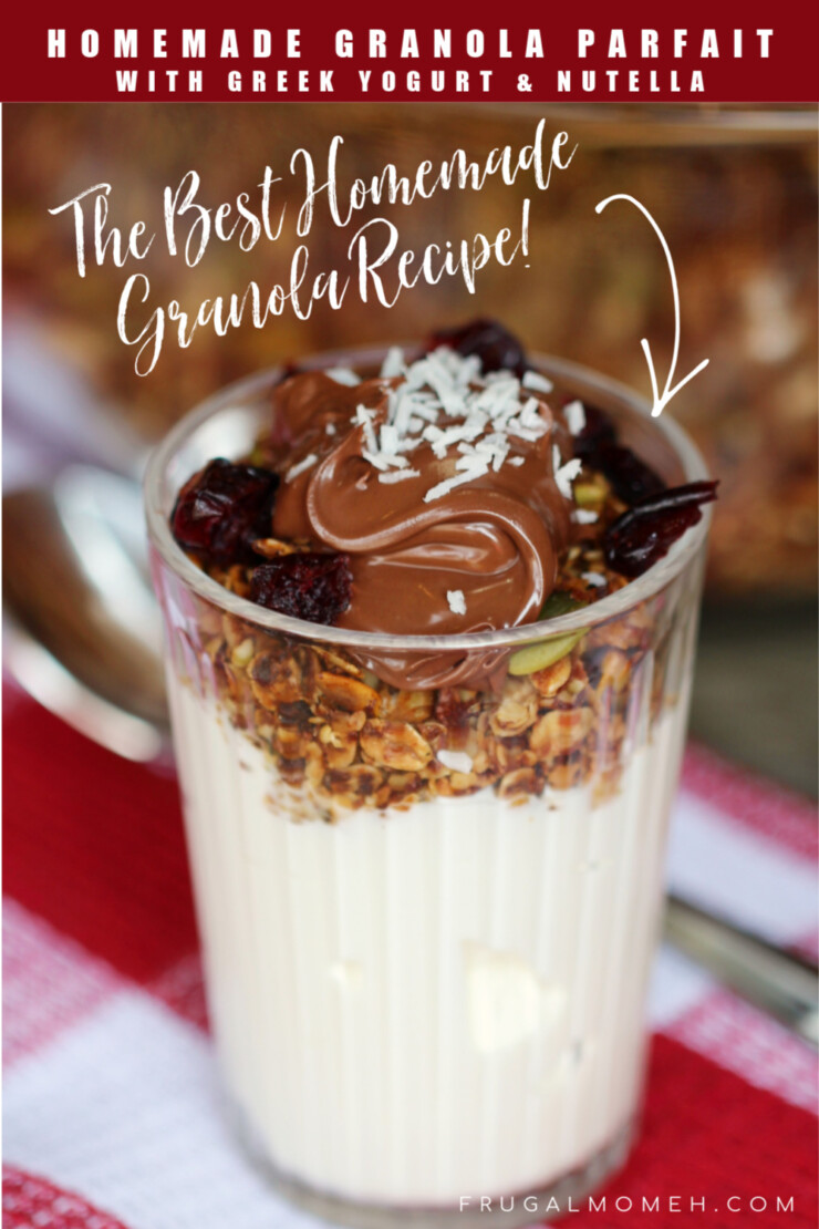 This parfait combines a homemade granola made with oats, pumokin seeds, wheat germ and warming spices combined with greek yogurt, nutella and cranberries. It's a delicious and healthy autumn breakfast that you can savour with your morning coffee or grab and eat on the go.