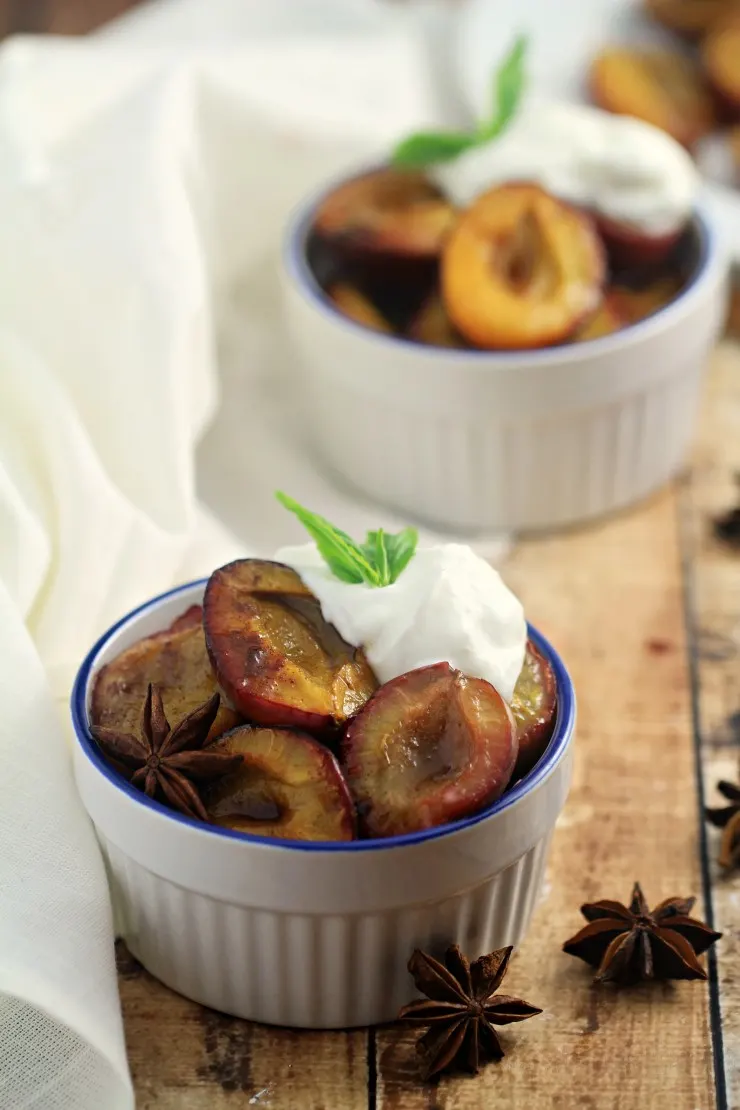 Spiced roasted plums are a simple but flavourful late summer dessert. The plums soften into tender sweetness, while the spices help to make this dish warm and fragrant. Perfect for serving with Greek yogurt for a healthy treat, or Crème fraiche for a sinful dessert.