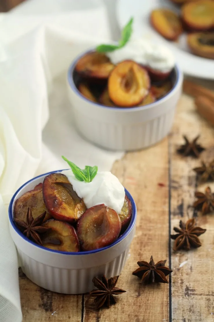 Spiced roasted plums are a simple but flavourful late summer dessert. The plums soften into tender sweetness, while the spices help to make this dish warm and fragrant. Perfect for serving with Greek yogurt for a healthy treat, or Crème fraiche for a sinful dessert.