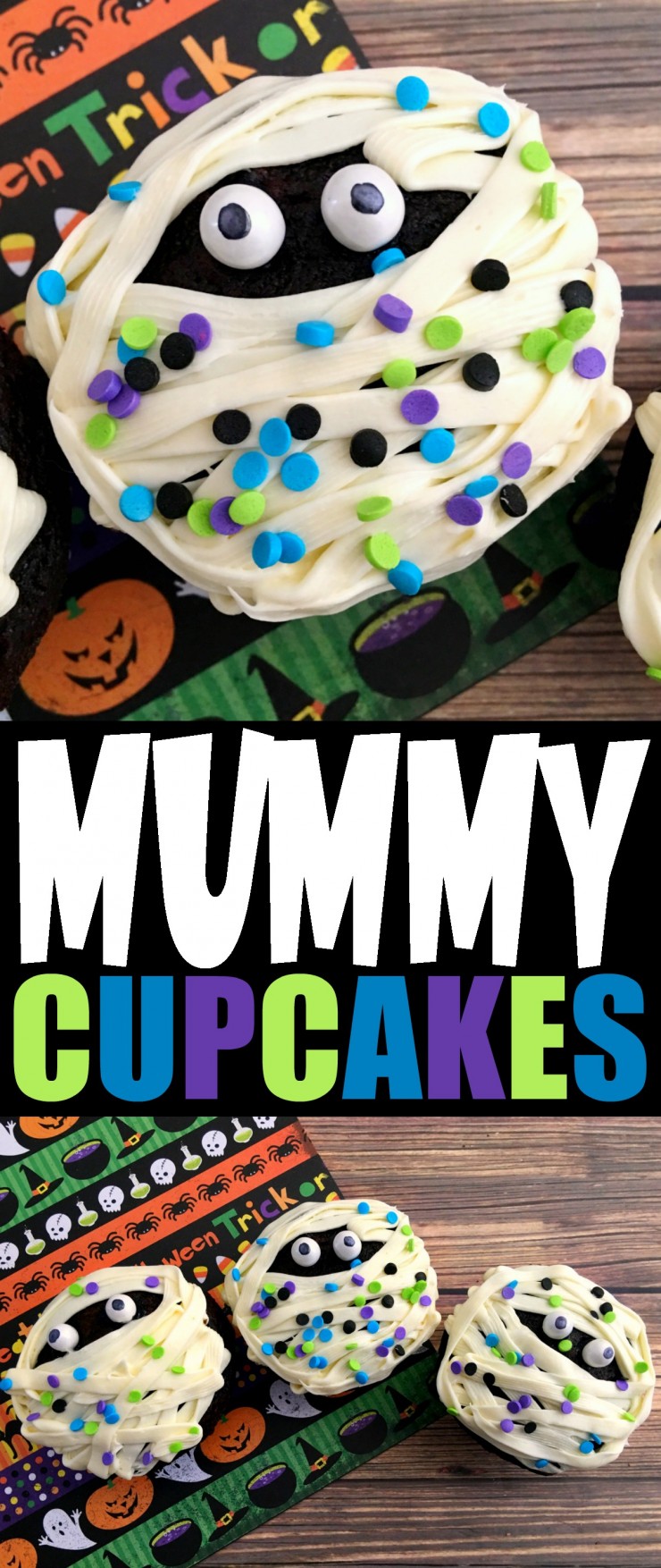 These Mummy Cupcakes are a fun and spooky Halloween treat that kids will love. Perfect for serving at a Halloween party!