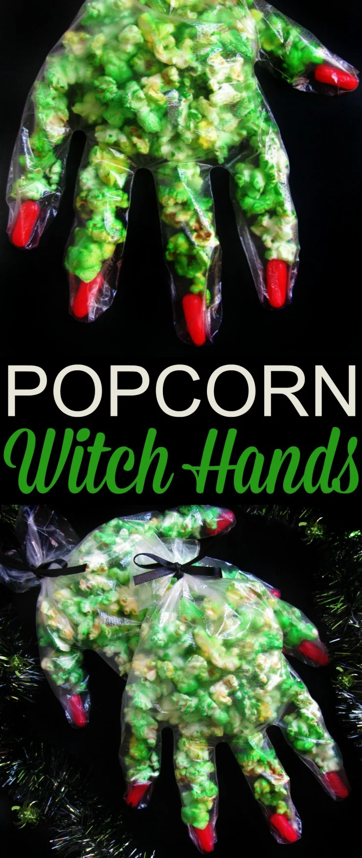 These super cute popcorn witch hands are easy to make with just 3 ingredients. They are great for Halloween parties, class treats or just something fun to make with the kids!