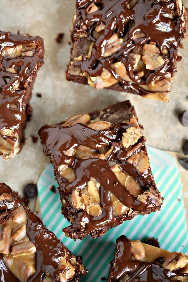 A super decadent dessert, these Turtle Brownies are layered with caramel sauce, pecans and finished off with a drizzle of melted chocolate.  Do brownies really get any better than this?