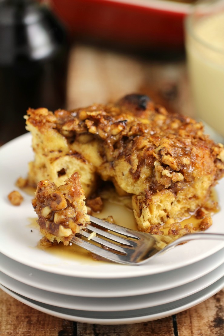 This Eggnog Cinnamon Roll French Toast Casserole with a Brown Sugar Walnut Crumble makes for a fabulous Christmas Brunch or a nice family Sunday breakfast in the winter.  Delicious and richly flavoured with eggnog and warming spices, it is topped with a satisfyingly crunchy layer of Brown Sugar Walnut Crumble. 
